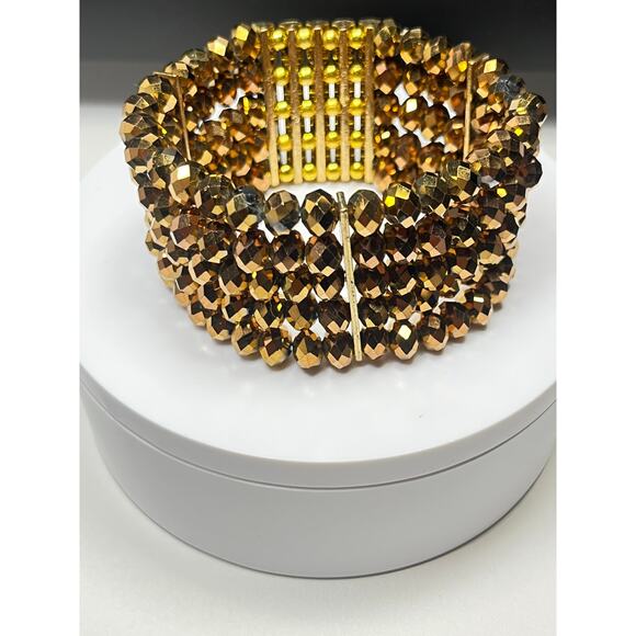 Vintage  Amber Facet Multi-Strand Beaded Stretch Bracelet- Rhinestone Bracelet - Picture 4 of 8